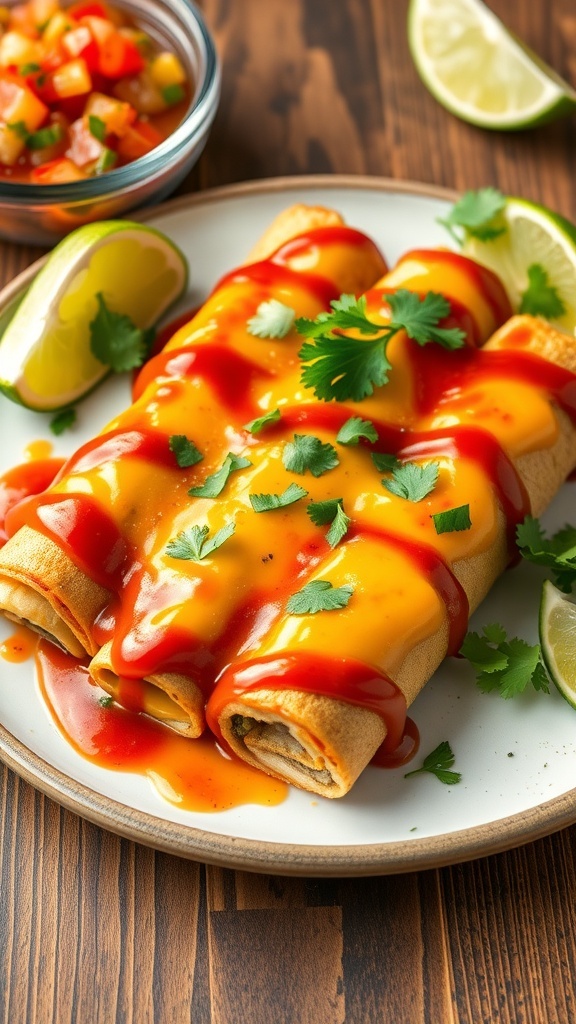 Zucchini enchiladas topped with cheese and sauce, garnished with cilantro, served on a wooden table with salsa.